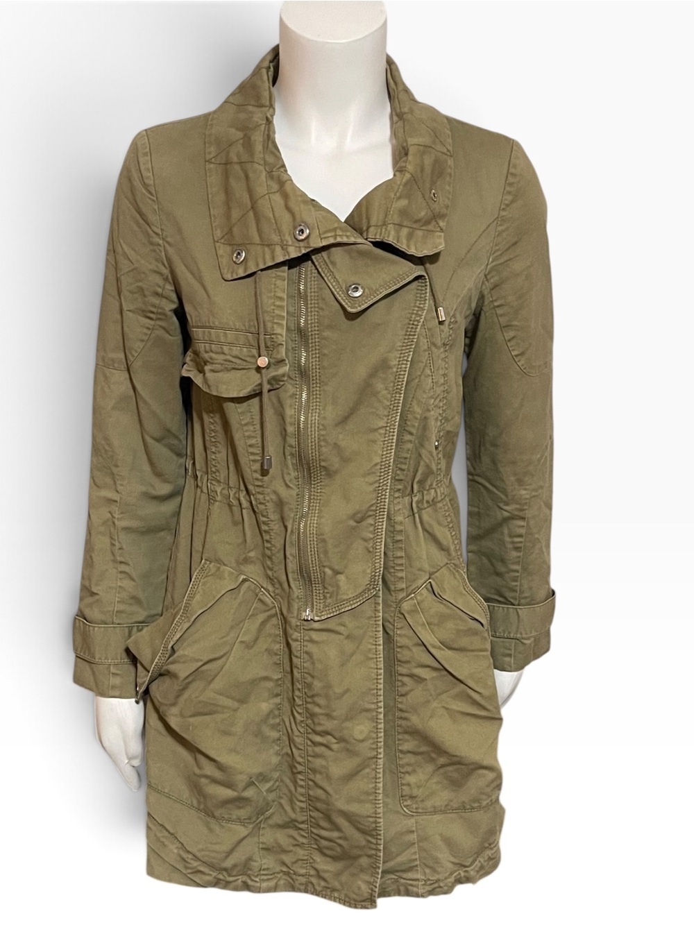 MIND BRIDGE Khaki Green Asymmetrical Utility Parka Jacket Womens Size S (KR 55)